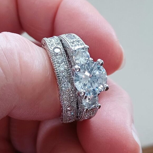 Source Unknown Jewelry - 2pc Silver Wedding Ring Set, Stamped S925.